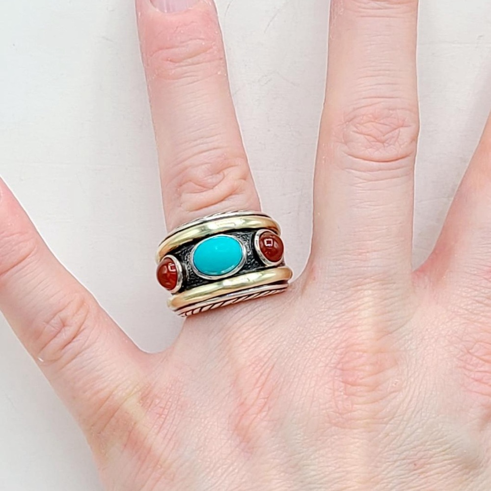 David Yurman Renaissance Ring With Turquoise Carnelian And Gold - Picture 9 of 12